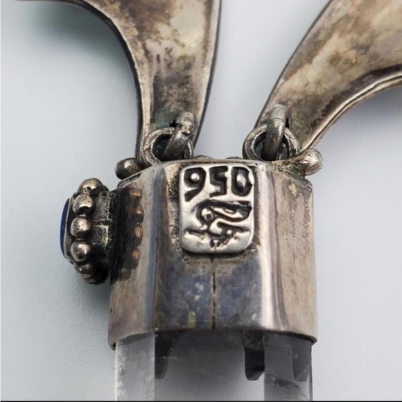 VINTAGE 950 silver quartz crystal lapis blue artisan Handmade bib necklace snake - Picture 4 of 16